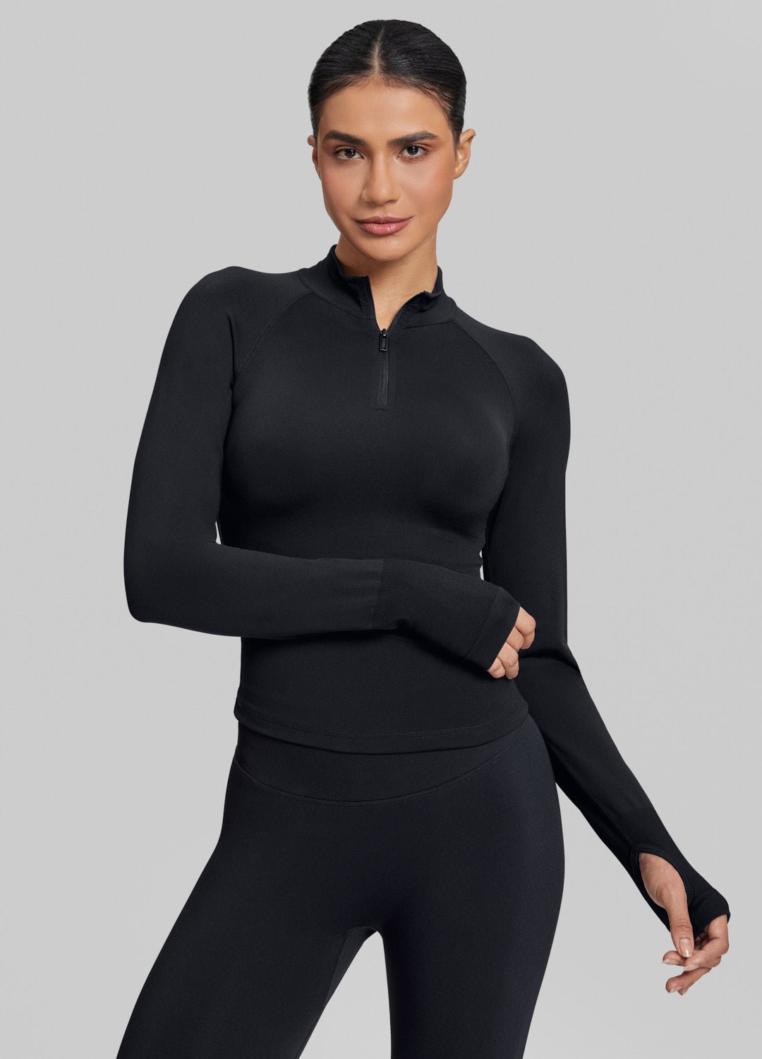 Ultrasculpt Longline Form-Fitting Seamless Thumb Hole Twill Knit Half-Zip Top - Image 6