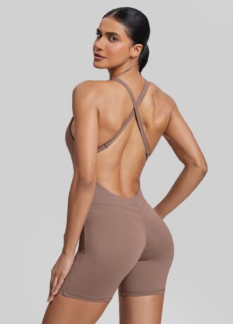 Form-Fitting Shorts Crossback Built-in Bra Sweat-Wicking Bodysuit