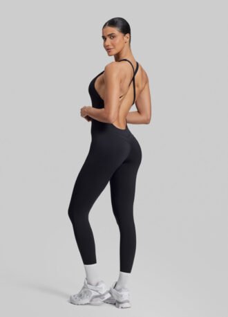 Form-Fitting Full Length Crossback Built-in Bra Sweat-Wicking Bodysuit