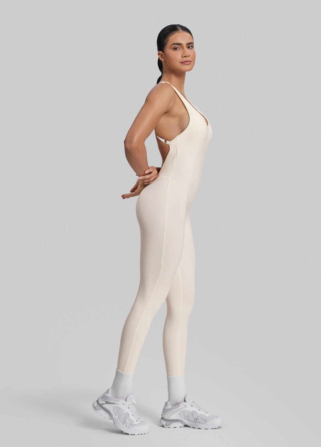 Form-Fitting Full Length Crossback Built-in Bra Sweat-Wicking Bodysuit - Image 5