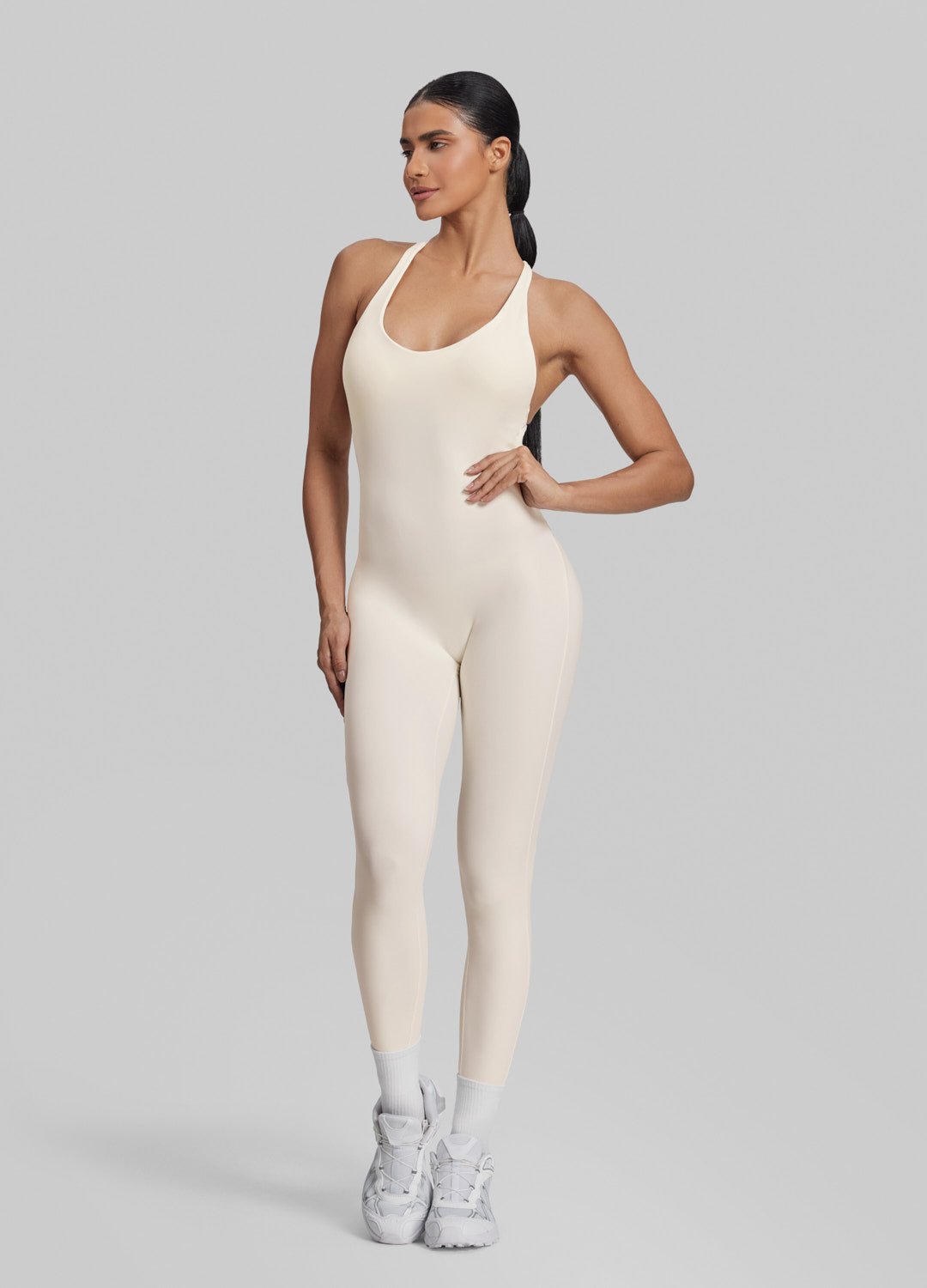 Form-Fitting Full Length Crossback Built-in Bra Sweat-Wicking Bodysuit - Image 3