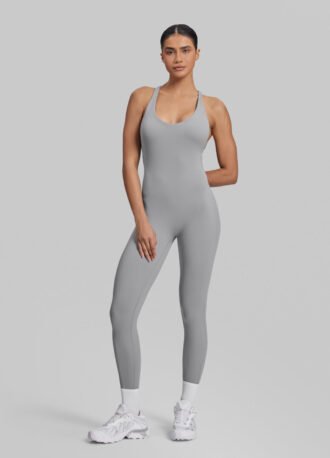 Form-Fitting Full Length Crossback Built-in Bra Sweat-Wicking Bodysuit