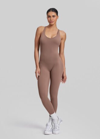 Form-Fitting Full Length Crossback Built-in Bra Sweat-Wicking Bodysuit